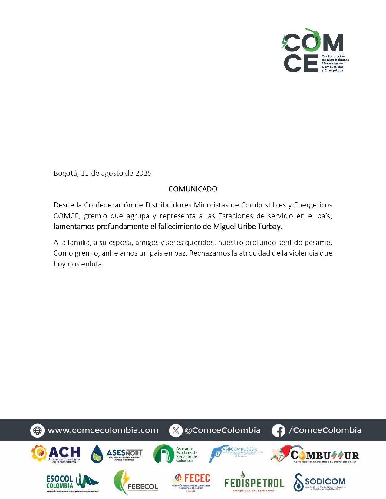 Comunicado de prensa COMCE: Lamentamos el fallecimiento de Miguel Uribe Turbay, senador y precandidato presidencial.